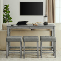59 Inch Bar Table, Dining Table, Sofa Table with Power Outlet, 3 Upholstered Stools, 4 Piece Bar Table and Chair Set for Living Room, Dining Room, Kit by 17 Stories