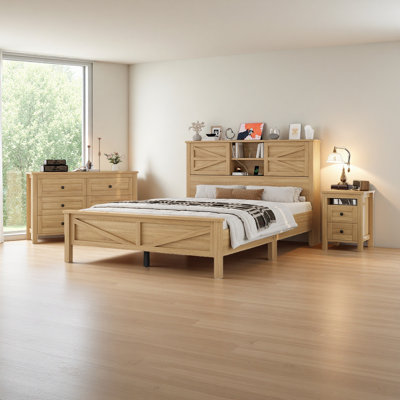 3-Pieces Bedroom Sets Farmhouse Platform Bed With Double Sliding Door Storage Headboard And Charging Station, Storage Nightstand And Dresser by Winston Porter