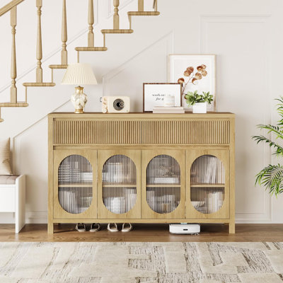 55" Large Sideboard Buffet Cabinet with Storage and 2 Fluted Drawer Front, Buffet Table Coffee Bar Storage Cabinet with 4 Glass Doors for Dining Room, by Gracie Oaks