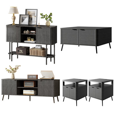5-Piece Modern Stripe Living Room Furniture Set with Lift-Top Coffee Table, Charging End Tables, TV Stand & Entryway Console Table by 17 Stories