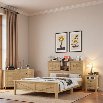 3-pieces Bedroom Sets, Platform Bed With Sliding Doors, Storage Headboard And Charging Station, 1 Nightstand With 2 Drawers, 1 Dresser With 6 Drawers by Winston Porter