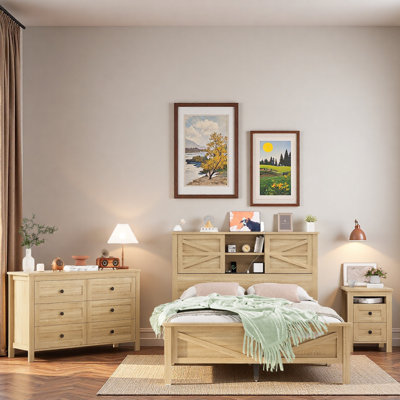 3-pieces Bedroom Sets, Platform Bed With Sliding Doors, Storage Headboard And Charging Station, 1 Nightstand With 2 Drawers, 1 Dresser With 6 Drawers by Winston Porter