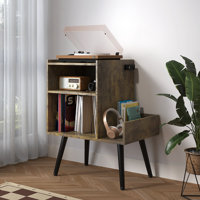 Dark Walnut Vinyl Record Storage Stand With Audio Shelf And Built-In Power Outlet For Living Room by Latitude Run