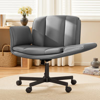 Criss Cross Chair with Wheels & Armrests,Comfy Wide Vanity Chair,Scratch-Resistant Pu Leather Cross Legged Desk Chair,Height Adjustable Computer Offic by Inbox Zero