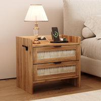 Nightstand, Bedside Table, Boho Night Stand with Type-c Charging Station, 2 Drawer Storage Space