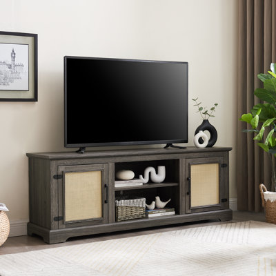 Farmhouse Rattan Tv Stand Console Table - 65" Wide For Tvs Up To 70 Inches, With 2 Storage Shelves & 2 Rattan Door Cabinets, Cable Management Cutouts, by Ophelia & Co.
