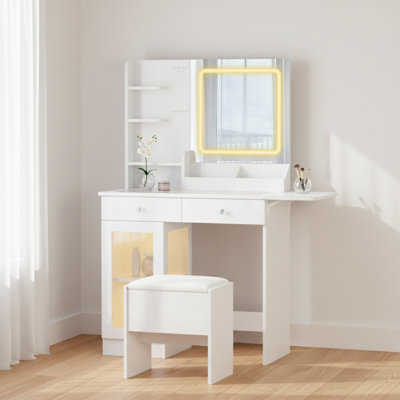 White Vanity Desk Set With Lighted Mirror, USB Ports & Storage