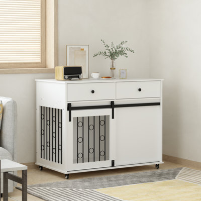 Accent Cabinet With Double Drawers And Sliding Barn Door, Storage Cabinet With Lockable Wheels by Latitude Run