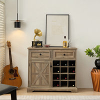 Farmhouse Buffet Cabinet With Storage Sideboard With 2 Drawers, Wine Bar Cabinet With Removable Wine Racks Storage Shelves, Liquor Coffee Bar Cupboard