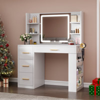 39.3" Makeup Vanity Table With LED Mirror, 4 Drawers, 7 Open Storage Shelves by Ebern Designs