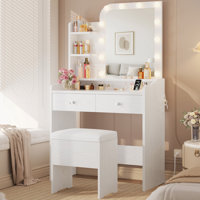 White Makeup Vanity Desk With LED Mirror, Storage Stool, Power Outlet & Drawer Organizer by Ebern Designs