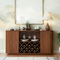 Mid-Century Wine Coffee Bar Cabinet, Adjustable Wine Rack & Wine Glass Holder by Millwood Pines