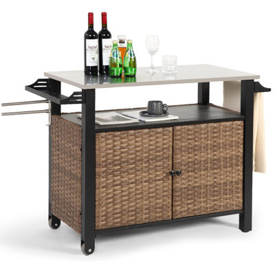 Outdoor Wicker Grill Prep Station & Stainless Steel Serving Bar Table with Hooks Wheels by Highland Dunes