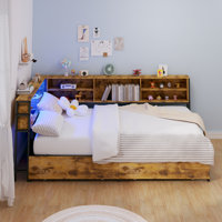 Corner Full Bed Frame with Storage Drawers, Bookcase, LED Light & Charging Station – Black by Red Barrel Studio