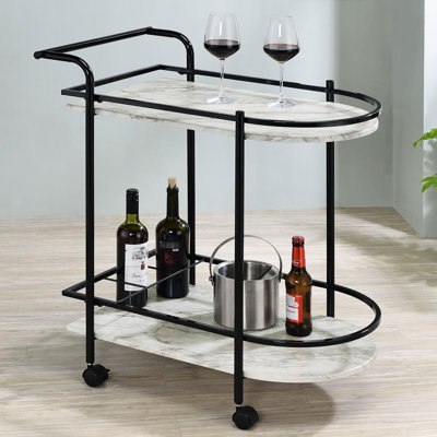 Black & Faux White Marble Cart With Metal Frame And Portable Wine Holder Contemporary Serving For Dining by Red Barrel Studio