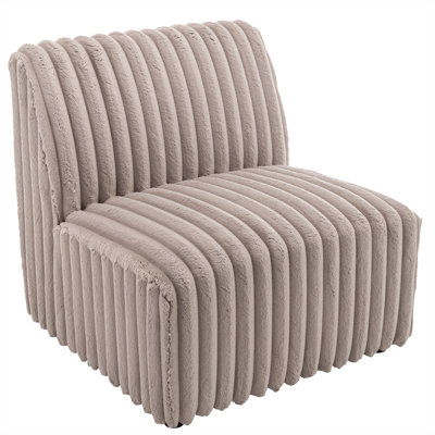 Plush Channel Accent Chair, Beige Fuzzy Upholstered With Sturdy Frame For Living Room, Bedroom