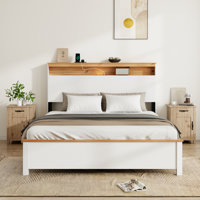 Queen Wooden Platform Bed with Storage Headboard & Built-In Charging Station, Rustic Farmhouse Style, Easy Assembly by Ophelia & Co.