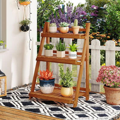 3-Tier Wood Plant Stand Folding Flower Rack w/Ladder Design Anti-falling Bars by Arlmont & Co.