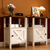 Set of 2 Farmhouse Nightstands, Sofa Side End Table with Storage, Wood Bedside Table with Barn Door for Bedroom Living Room Rustic Vintage White