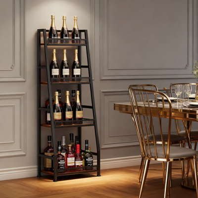 4-Tier Corner Liquor Stand With Fences, Stepped Freestanding Wine Rack For Whiskey And Wine Bottles, Vintage Brown Floor Display Cabinet For Home Bar by Prep & Savour
