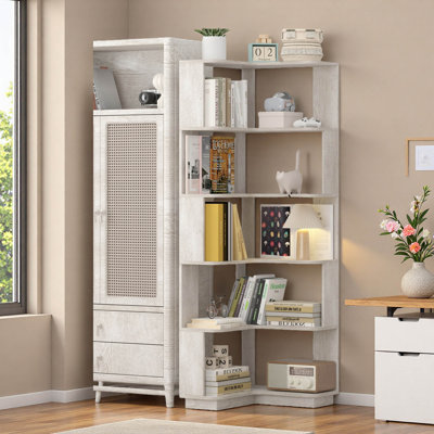 6-Tier Corner Bookcase, L-Shaped Shelves With Anti-Drop Panel, Wooden Bookshelf For Living Room & Office