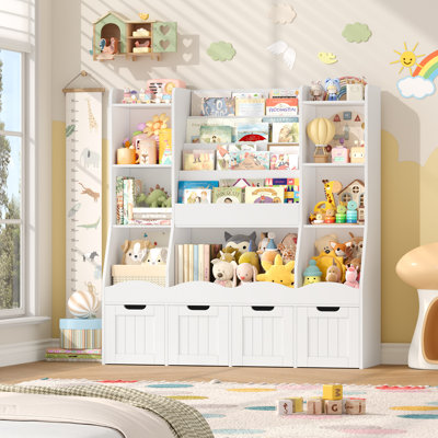 4-tier Bookcase With 4 Drawers, Wood Storage Bookshelf, White by Latitude Run