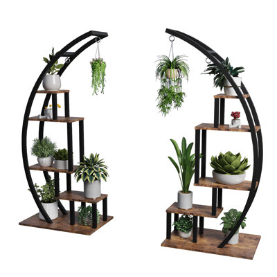 Half Moon 5 Tier Large Plant Stand for Home Patio Lawn Garden Balcony, Brown by 17 Stories