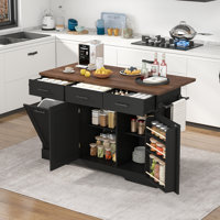 Kitchen Island with Storage Cabinet and Trash Cabinet, 55" Kitchen Dining Table with Drop Leaf and Charging Station by Red Barrel Studio