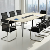 Conference Table, 8 ft Boat Shaped Office Meeting Table with Charge Station for 10 Person, Modern Boat Seminar Meeting Desk with Metal Legs for Office by Wrought Studio