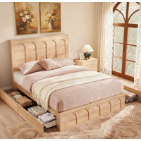 Modern Queen Size Bed Frame With 4 Drawers, Platform Bed With Tall Arched Recessed Headboard, Slats, No Box Spring Needed