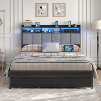 Upholstered Platform Bed Frame With Charging Station & Rgb Led Headboard, Bed Frame With 2 Storage Drawers, 2 Usb & 2 Ac Outlets, No Box Spring Needed