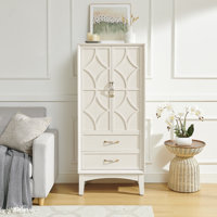 Tall Pantry Sideboard Cabinet, Geometric Walnut Storage Console, Modern Buffet for Kitchen, Entryway, Living Room, White by Ebern Designs