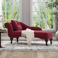 Aurielle Modern Neoclassical Velvet Chaise Lounge with Button Tufted Scrolled Backrest, Nailhead Trim, and Decorative Pillow by George Oliver