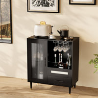 Freestanding Wine Bar Cabinet & Coffee Bar with Wine Rack, Modern Liquor Cabinet with Storage Sideboard Buffet with Tempered Glass Door & Drawers & Gl