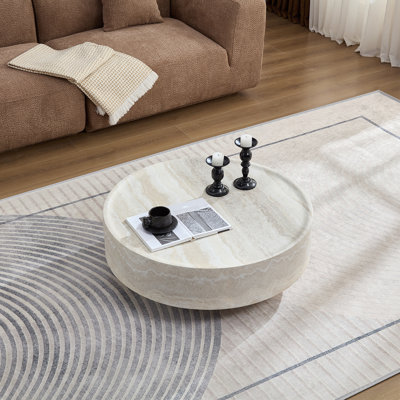 35.43" Modern Round Coffee Table In Faux Marble, Aesthetic Stone Pedestal Coffee Table, Fiberglass Accent Table, Circle Center Table For Living Room by Latitude Run