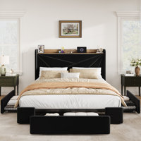 Velvet Upholstered Bed Frame With 3 Storage Drawers, Platform Bed With Wingback Storage Headboard And Charging Station by Latitude Run