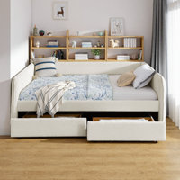 Queen Size Daybed with Trundle: Upholstered Tufted Sofa Bed, Storage Drawers, Boucle Fabric, Beige (88"x65.5"x29.5") by Latitude Run