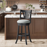 Upholstered Swivel Bar Stools with Curved Backrest & Solid Rubber Wood Legs