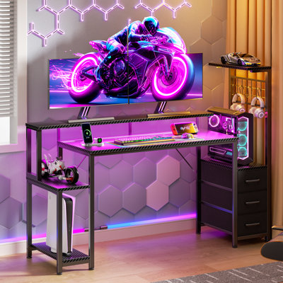 55"W Gaming Desk With Recessed Power Outlets,computer Desk With 3-tier Fabric Drawers, Gaming Desk With Cpu Stand And Led Lights,home Office Desk With by Wrought Studio