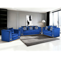 3-Piece Velvet Sofa Set With Gold Metal Legs & Pillows For Living Room