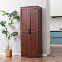 Freestanding 63-Inch 2-Door Kitchen Pantry With 5-Tier Shelving And Adjustable Shelves For Organized Storage, Cherry Wood Finish