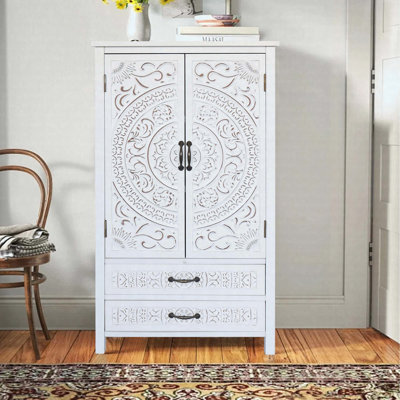 27" Tall Accent White Storage Cabinet With 2 Drawers And 2 Doors, Rustic Wood Sideboard Pantry Cabinet For Home Organization by One Allium Way