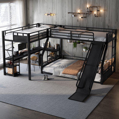 L-Shaped Metal Triple Bunk Bed with Loft, Desk, Storage Shelves & Slide – Space-Saving Kids Bed, Black (Top bed:Twin XL, bottom bed: Queen) by Ivy Bronx