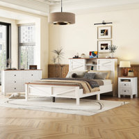 3-Pieces Bedroom Sets Queen Size  Farmhouse Platform Bed with Double Sliding Door Storage Headboard, Storage Nightstand and Dresser, White+Brown by Orren Ellis