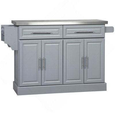 Rolling Kitchen Island With Storage, Portable Kitchen Cart With Stainless Steel Top, 2 Drawers, Spice, Knife And Towel Rack And Cabinets
