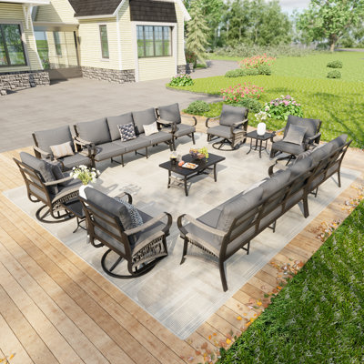 14-Person Outdoor Patio Modern Metal Party Conversation Set With 4 Swivel Chairs,Cushion by Lark Manor