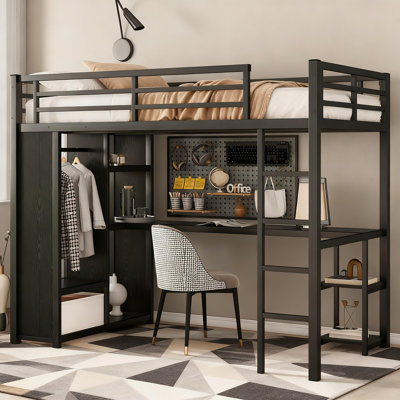 Metal Loft Bed Frame With Built-in Wardrobe,desk And Storage Shelves, For Kids Teens Adults by Brayden Studio
