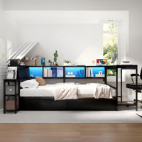Corner Bed Frame With Bookcase And 2 Underbed Storage Drawers, Modern Reversible Daybed With Led Light And Charging Station