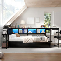 Corner Bed Frame With Bookcase And 2 Underbed Storage Drawers, Modern Reversible Daybed With Led Light And Charging Station by Latitude Run