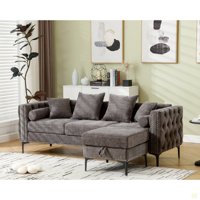 L Shaped Sectional Sofa , Convertible Storage Ottoman,Chenille ,Square Arm, Modern Tufted Couch ,3 Seater, And Nailhead by Latitude Run